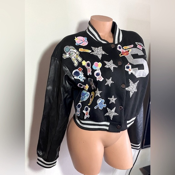 SHEIN Cropped Varsity Style Jacket Black Custom Patch-Work Size M - Picture 3 of 12